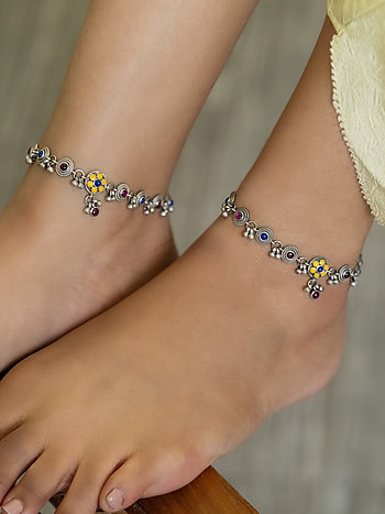 Phulwadi Work Anklet in Oxidised 925 Silver