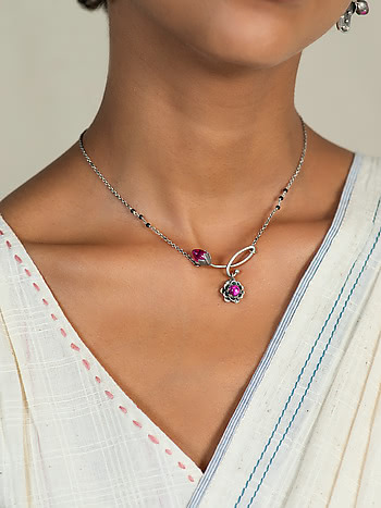 Oxidised Rise Above Bias Black Bead Necklace in 925 Silver