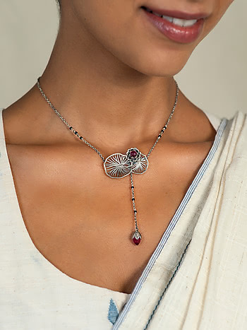 Traditional Silver Oxidised Long Chain Necklace for Women