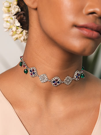 Buy Morpankh Style Oxidised Silver Choker Necklace Set – The Jewelbox