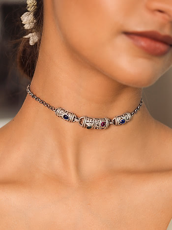 Indian Oxidized Silver Ethnic Choker Necklace Set & Earrings For Women |  eBay