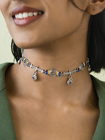 Dhol Motif Choker Necklace in Oxidised 925 Silver