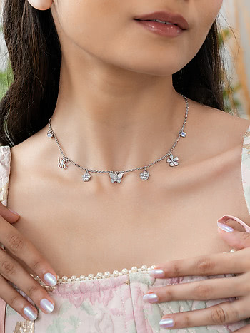 Iris Flower and Butterfly 925 Silver Necklace