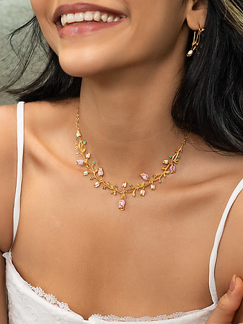 Gulab Rose Necklace Crafted in Gold Plated 925 Silver