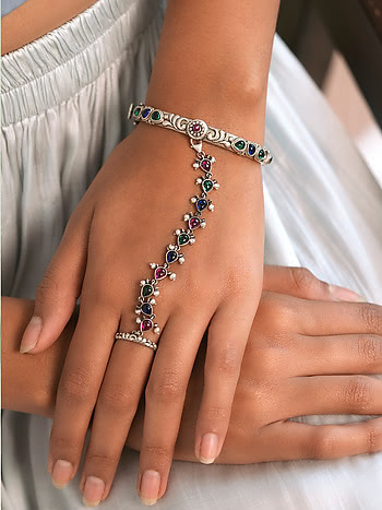 Party/Wedding Look Multicolour Crystals Studded Glittering Chain Ring  Bracelet /Hand Harness Silver Plated Alloy for Women & Girls