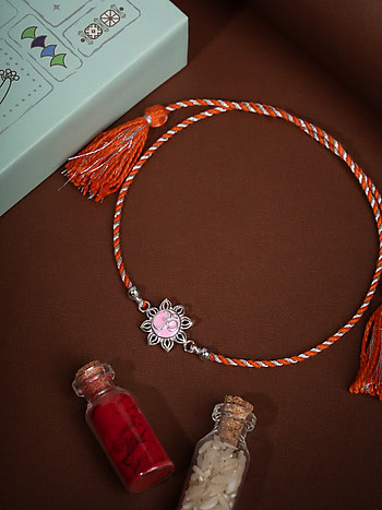 Om Pink Flower 925 Silver Rakhi