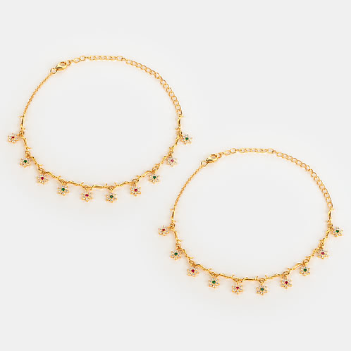 Drops of Nostalgia 7 Stone Anklets in Gold Plated 925 Silver